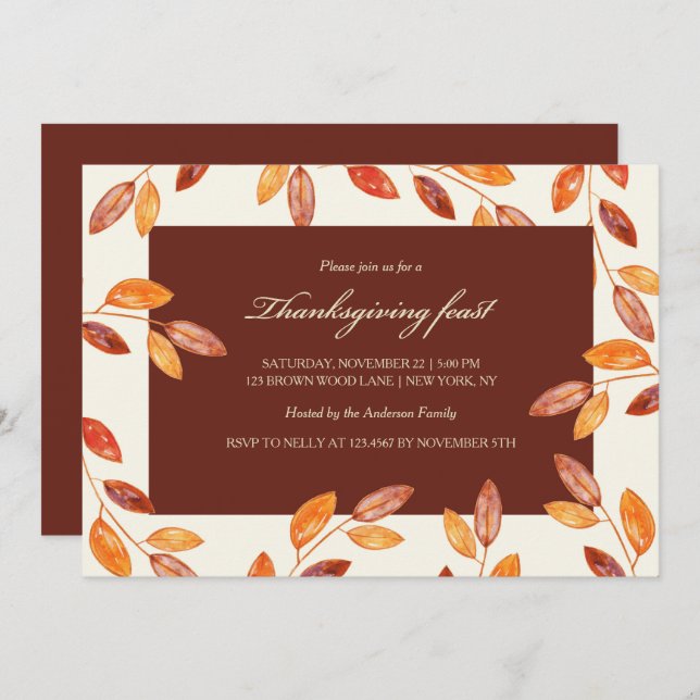 Watercolor Leaves Thanksgiving Feast Party Invitation (Front/Back)