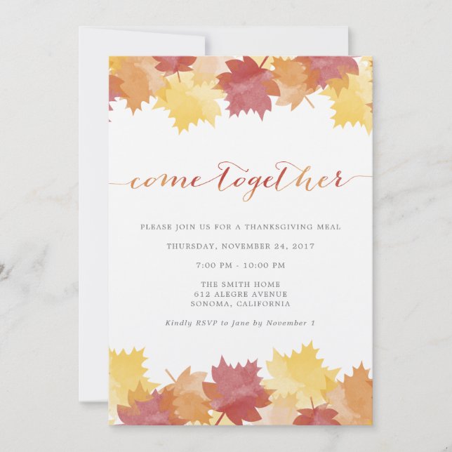 Watercolor Leaves Thanksgiving Party Invitation (Front)