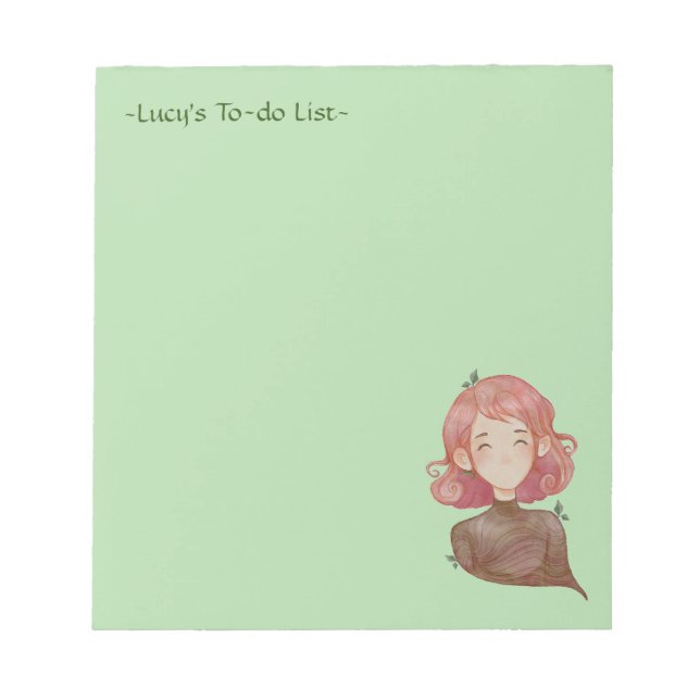 Watercolor Leaves & Tree Girl Character Notepad (Front)