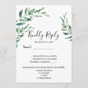 Watercolor leaves Wedding RSVP meal choice Invitation