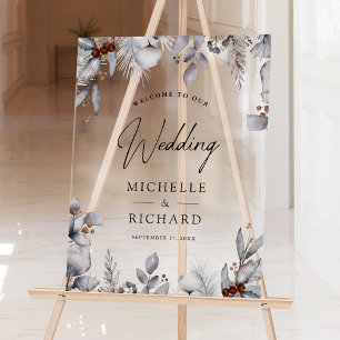 Watercolor Leaves Winter Wedding Welcome Acrylic Sign
