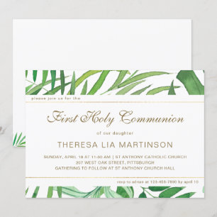 Watercolor Leaves with Cross Holy Communion Invitation
