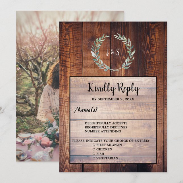 Watercolor leaves wood Wedding RSVP dinner options Invitation (Front/Back)