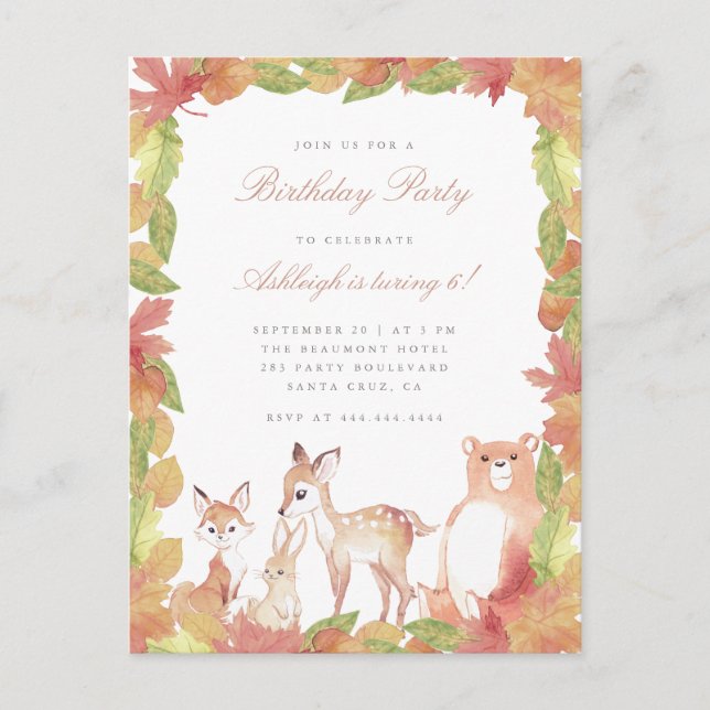 Watercolor Leaves & Woodland Animals Birthday Invitation Postcard (Front)