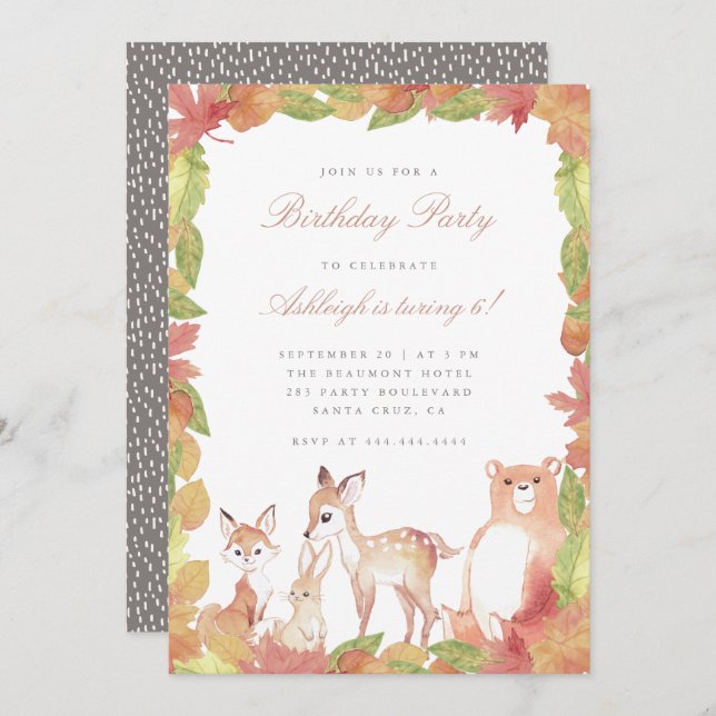Watercolor Leaves & Woodland Animals Kids Birthday Invitation (Front/Back)