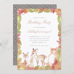 Watercolor Leaves & Woodland Animals Kids Birthday Invitation