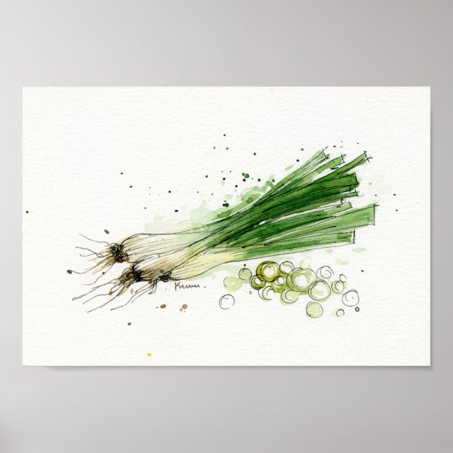 Watercolor, leeks vegetable kitchen art poster (Front)