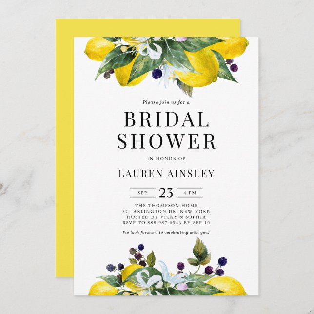 Watercolor Lemon and Blackberry Bridal Shower Invitation (Front/Back)