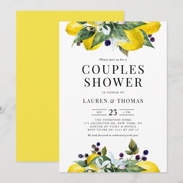 Watercolor Lemon and Blackberry Couples Shower Invitation (Front/Back)
