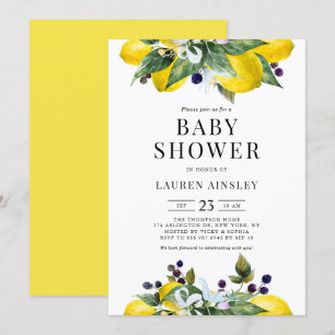 Watercolor Lemon and Blackberry Summer Baby Shower Invitation