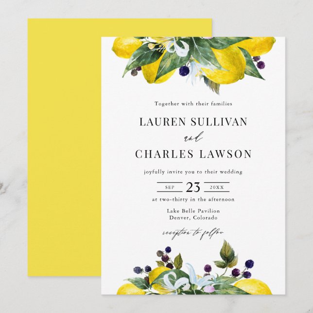 Watercolor Lemon and Blackberry Summer Wedding Invitation (Front/Back)