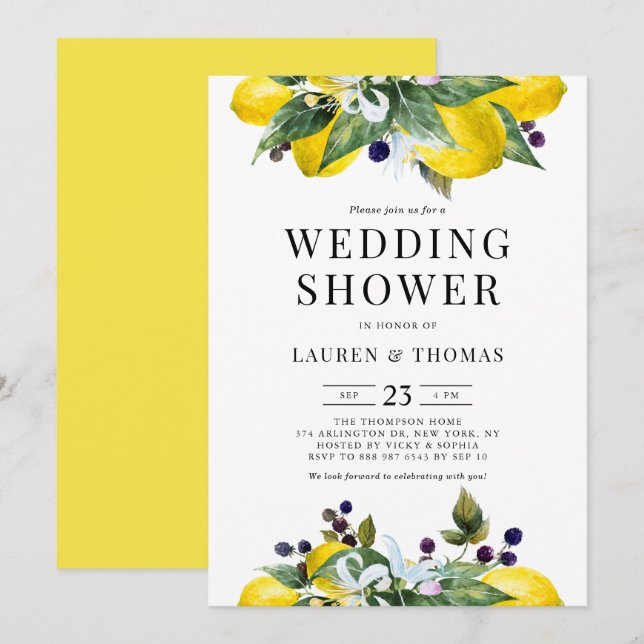 Watercolor Lemon and Blackberry Wedding Shower Invitation (Front/Back)