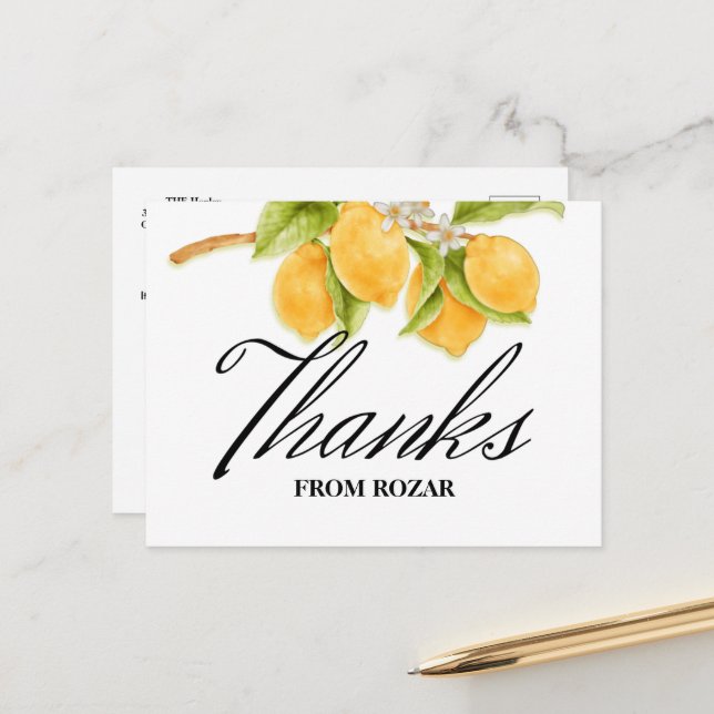 Watercolor Lemon and Blossoms Birthday Thank You Postcard (Front/Back In Situ)