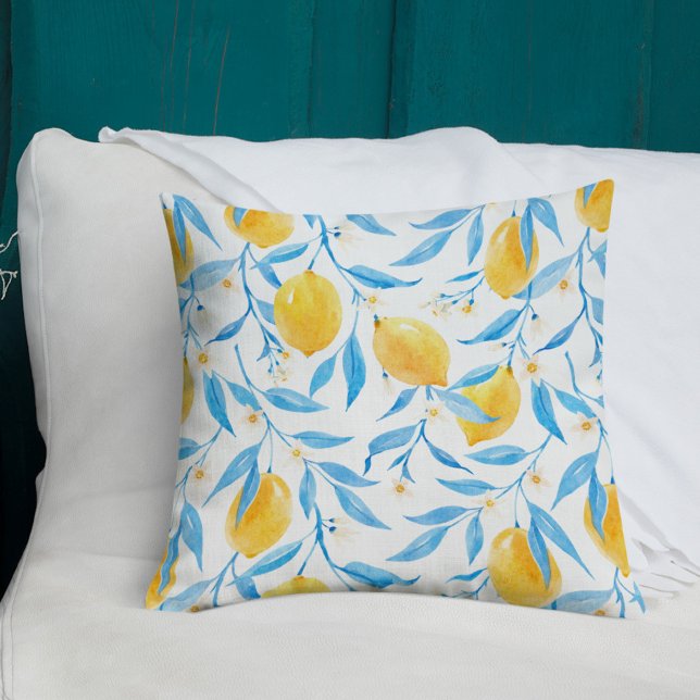 Watercolor Lemon and Blue Leaves Cushion (Creator Uploaded)