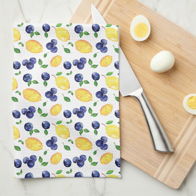 Watercolor Lemon and Blueberries Tea Towel (Quarter Fold)