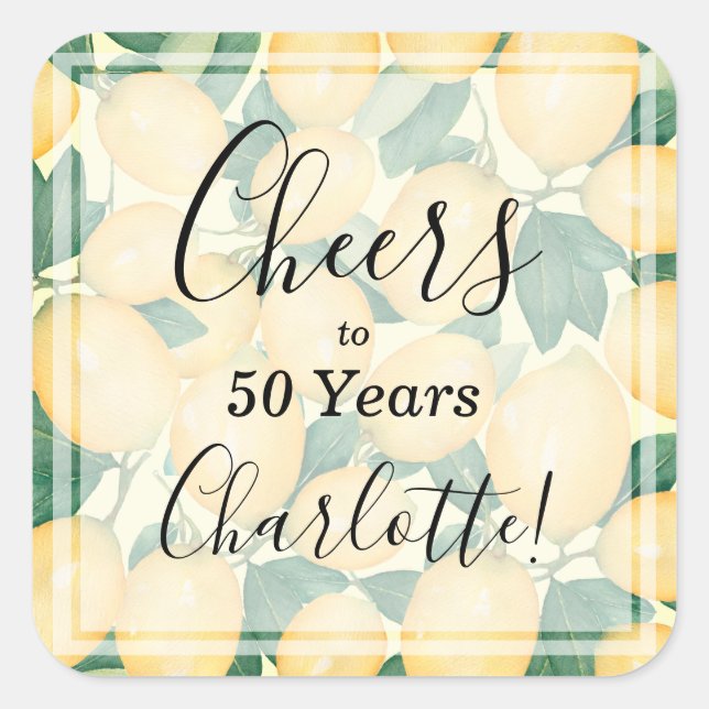 Watercolor Lemon and Greenery Birthday Square Sticker (Front)