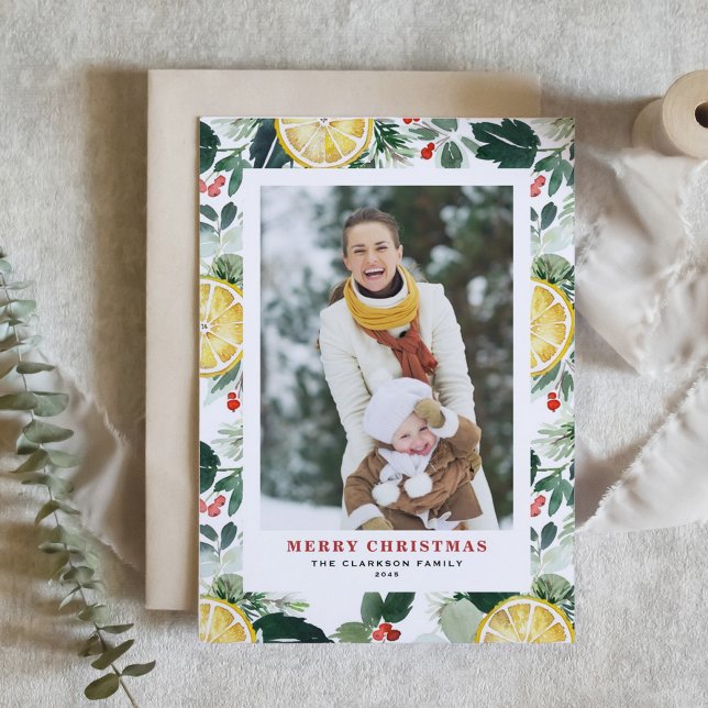 Watercolor Lemon and Greenery Photo Christmas Holiday Card (Customizable Photo Christmas Card with Watercolor Lemon, Holly, and Winter Greenery)