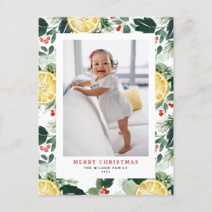Watercolor Lemon and Greenery Photo Christmas Holiday Postcard