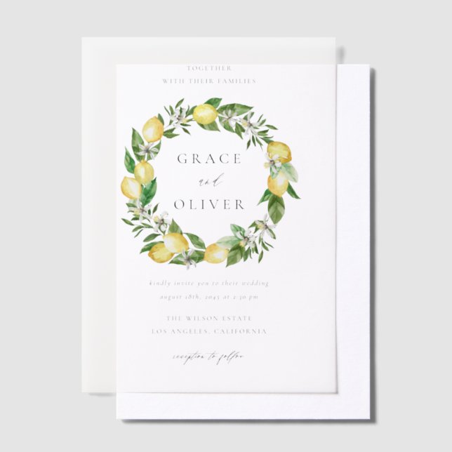 Watercolor Lemon and Greenery Wreath Wedding Vellum Invitations (Offset)