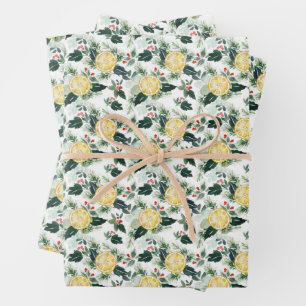 Watercolor Lemon and Holly Pattern Christmas Wrapping Paper Sheet