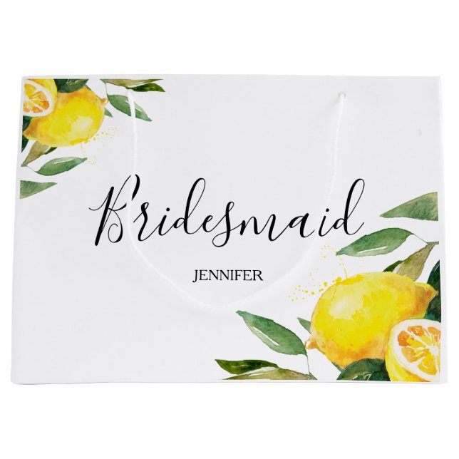 Watercolor Lemon and Leaves Bridesmaid Large Gift Bag (Front)
