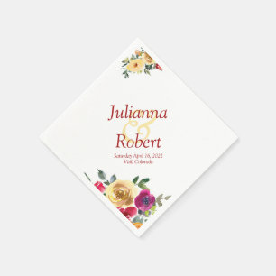 Watercolor lemon and magenta floral  napkins