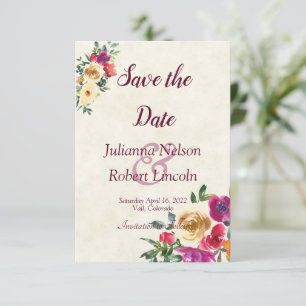 Watercolor lemon and magenta floral save the date invitation