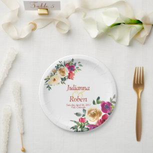 Watercolor lemon and magenta floral wedding paper paper plate