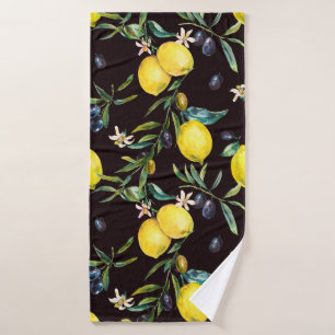 Watercolor lemon and olive branches seamless patte bath towel