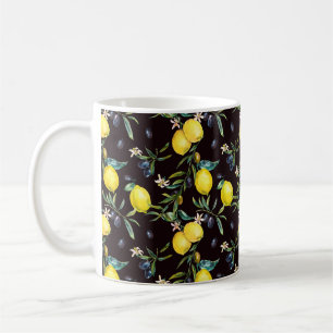 Watercolor lemon and olive branches seamless patte coffee mug