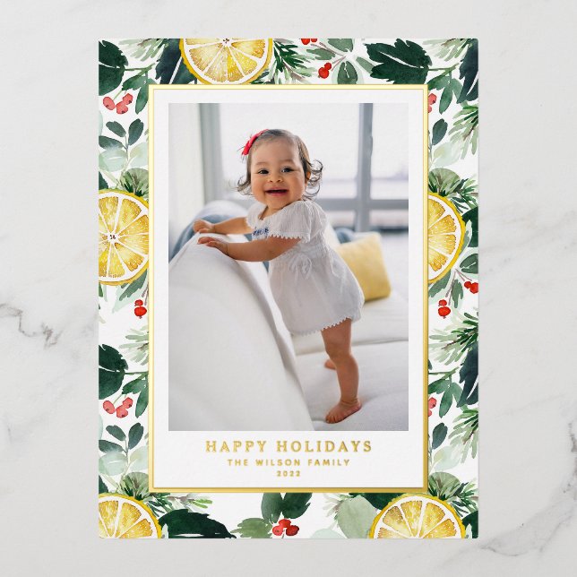 Watercolor Lemon and Winter Greenery Photo Foil Holiday Postcard (Front)