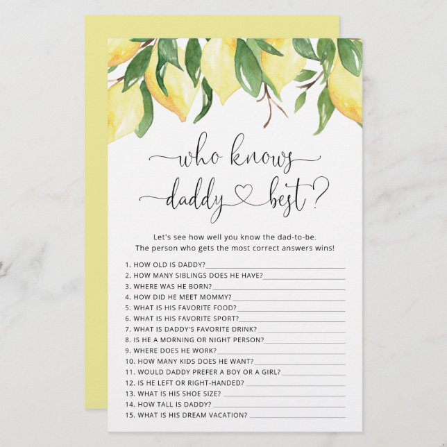 Watercolor Lemon Baby Shower Game (Front/Back)