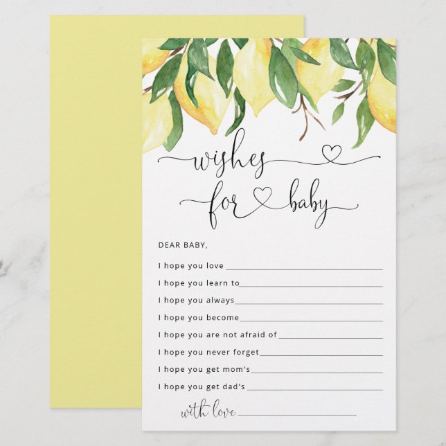 Watercolor Lemon Baby Shower Wishes for Baby Card (Front/Back)