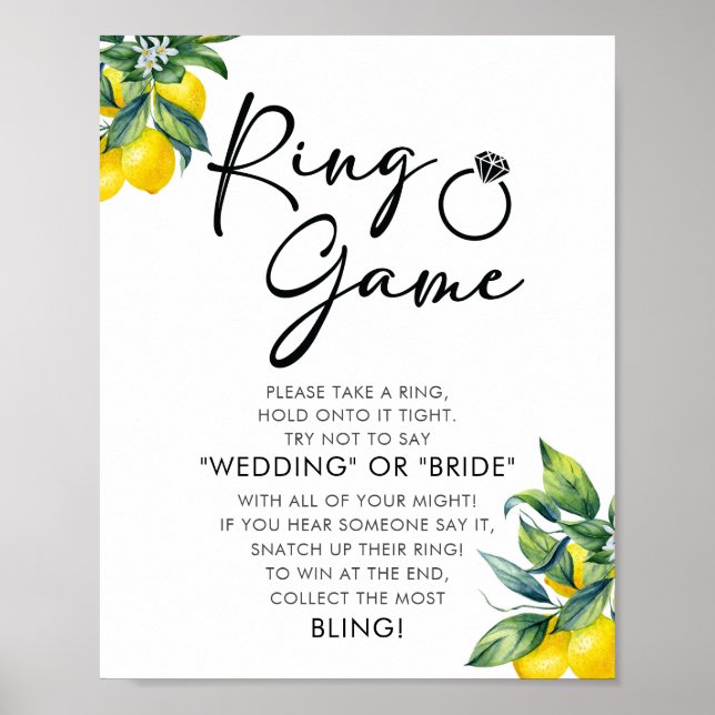 Watercolor Lemon Black | Ring Game Bridal Shower Poster (Front)