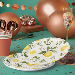 Watercolor Lemon Blossom Botanical Pattern Round Paper Plate