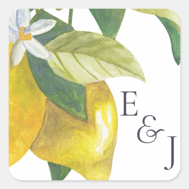 Watercolor Lemon Blossom Monogram Wedding Square Sticker (Front)