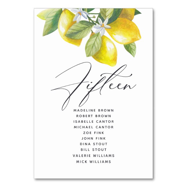 Watercolor Lemon Blossom Seating Chart Table Numbe Number (Front)