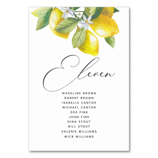 Watercolor Lemon Blossom Seating Chart Table Numbe Number (Front)