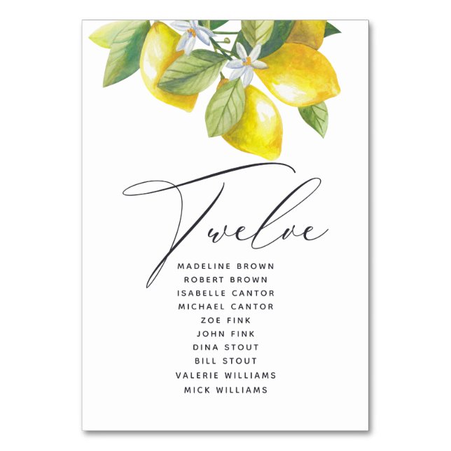 Watercolor Lemon Blossom Seating Chart Table Numbe Number (Front)