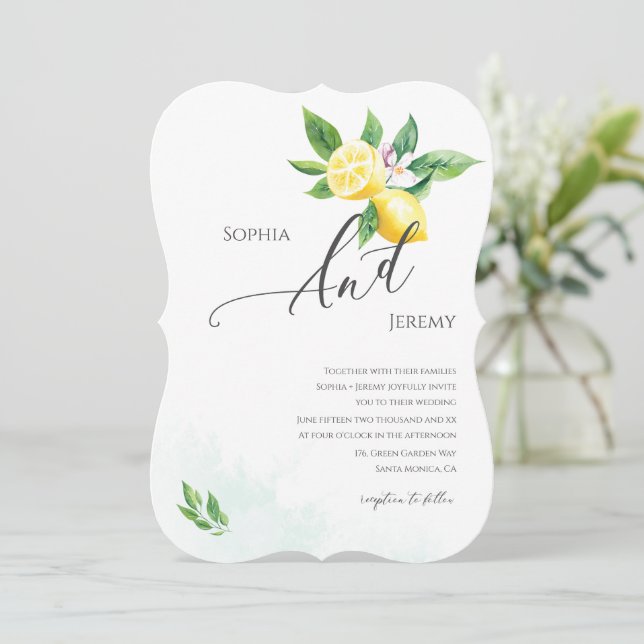 Watercolor Lemon Blossom Summer Wedding Invitation (Standing Front)
