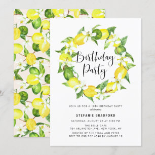 Watercolor Lemon Blossom Wreath Birthday Party Invitation