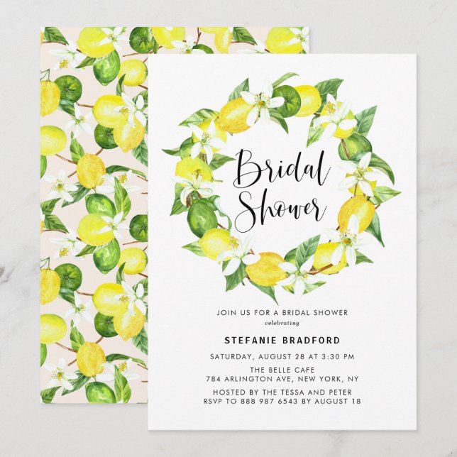 Watercolor Lemon Blossom Wreath Bridal Shower Invitation (Front/Back)