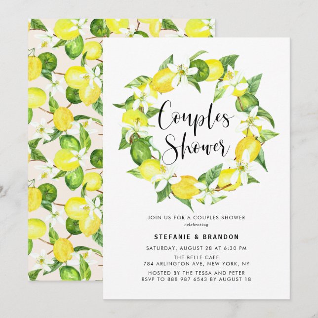 Watercolor Lemon Blossom Wreath Couples Shower Invitation (Front/Back)