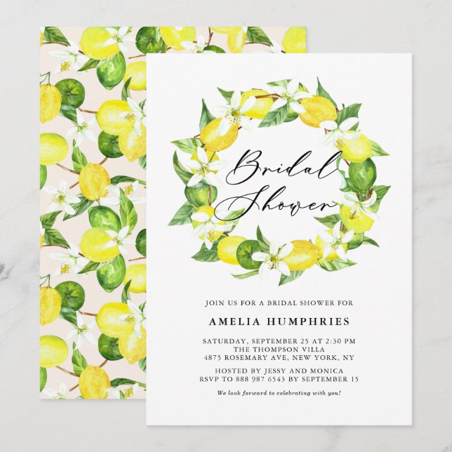 Watercolor Lemon Blossoms Wreath Bridal Shower Invitation (Front/Back)