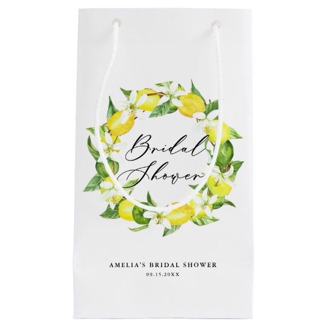 Watercolor Lemon Blossoms Wreath Bridal Shower Small Gift Bag (Front)