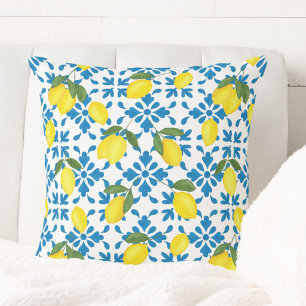 Watercolor Lemon Blue French Country  Cushion