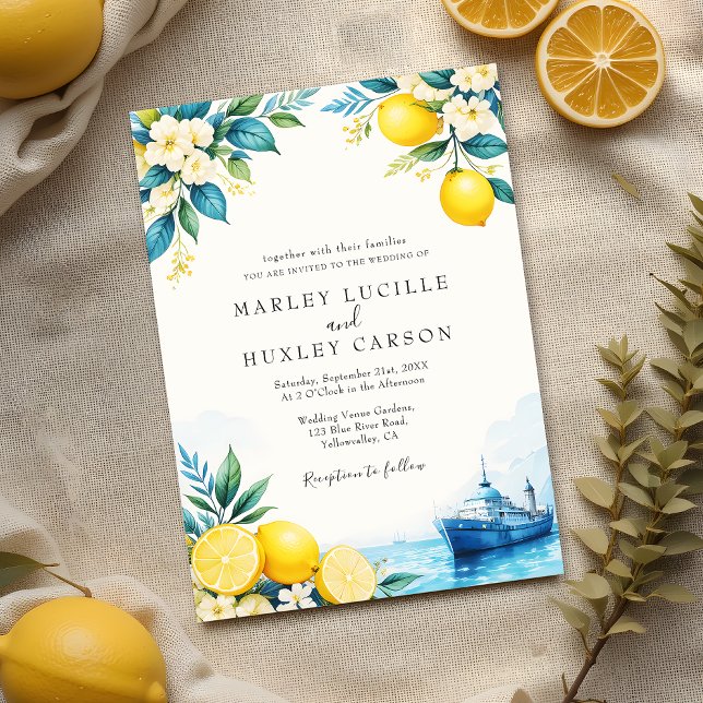 Watercolor Lemon Blue Italian Summer Wedding Invitation (Creator Uploaded)