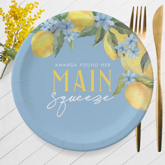Watercolor Lemon Blue Main Squeeze Personalised Paper Plate (Watercolor Lemon Main Squeeze Personalized Paper Plates on Blue. 7'' or 9'' Available)