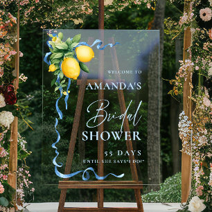 Watercolor Lemon Blue Ribbon WELCOME Bridal Shower Acrylic Sign