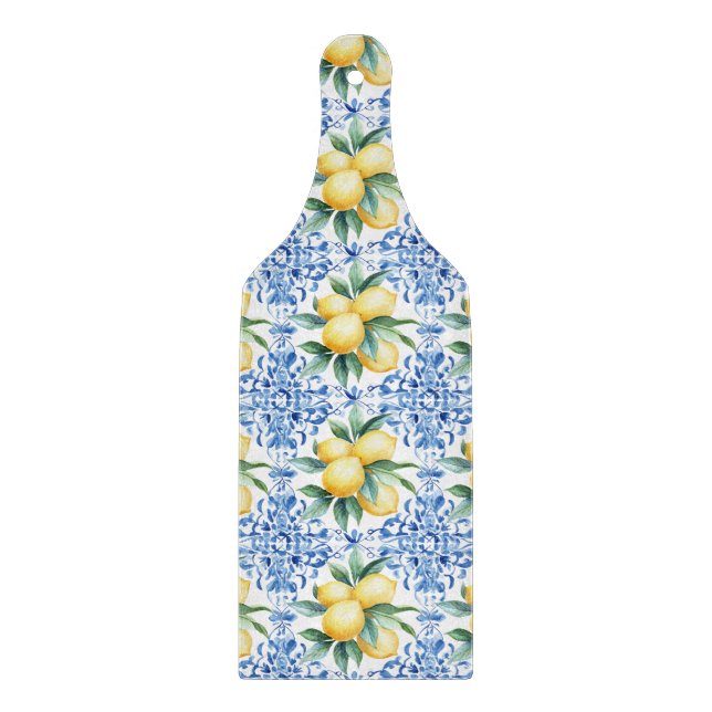 Watercolor Lemon Blue Tile Cutting Board (Front)